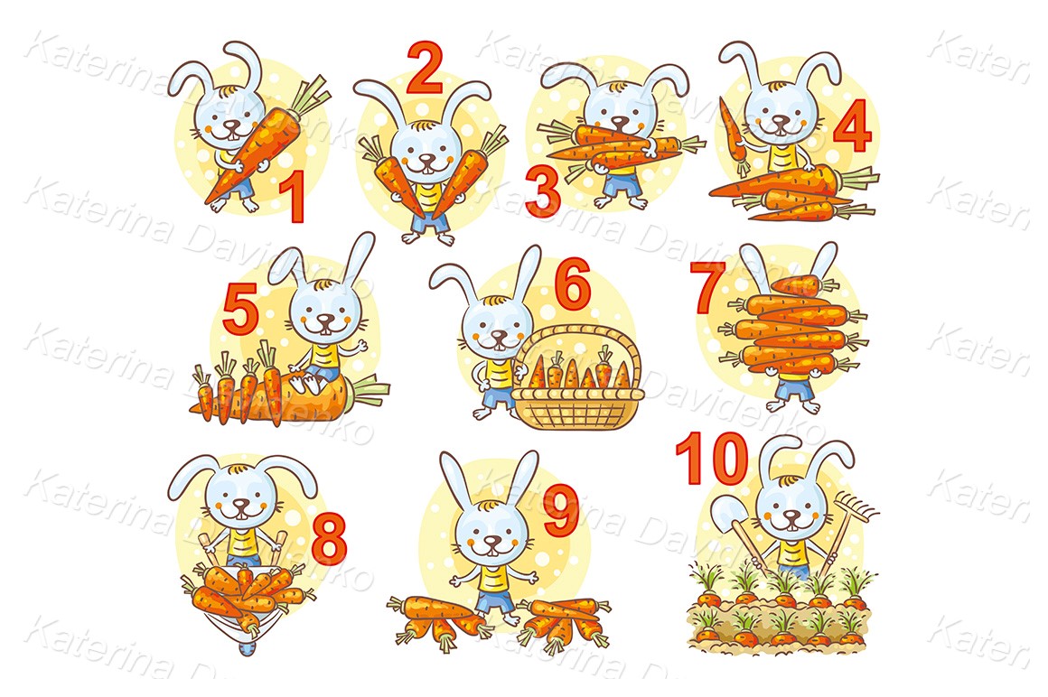Teaching aid for kids. Numbers in pictures set, cartoon rabbit and his carrots