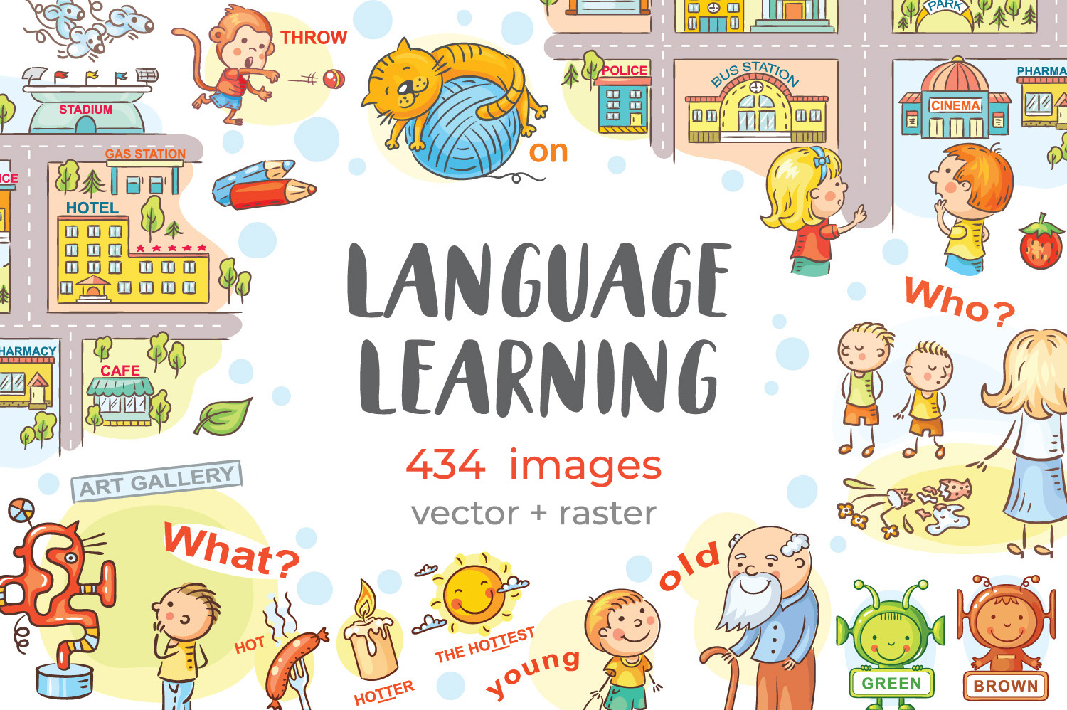Teaching aid while language learning. School kids clipart set