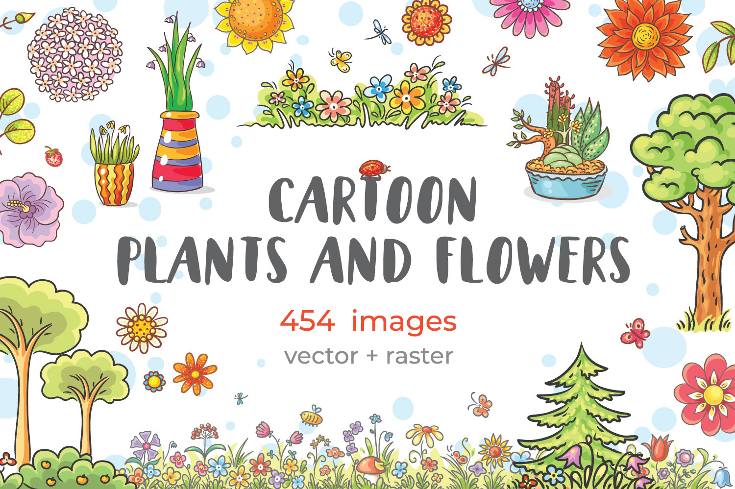 Cartoon plants and flowers clipart set. Hand drawn vector illustration