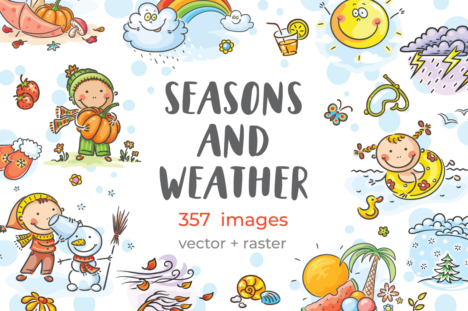 Drawing cartoon seasons and weather vector image set. Hand drawn clipart bundle