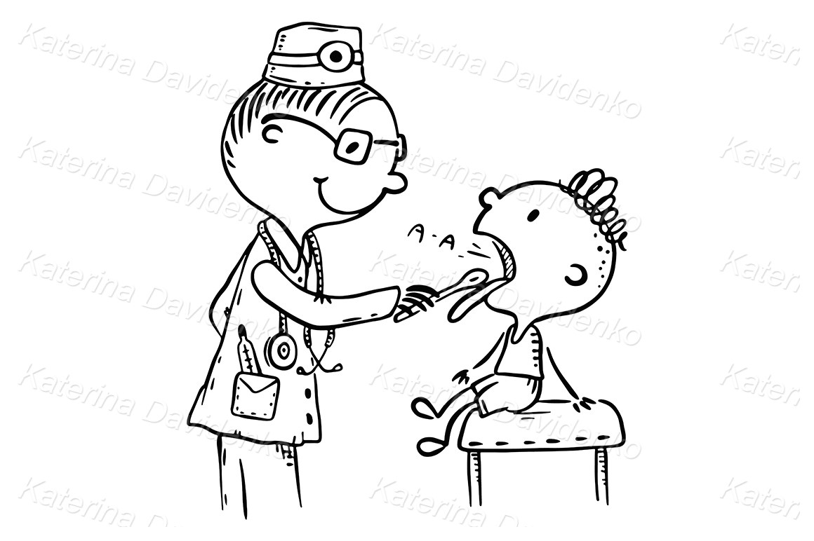 A doctor is examining a child. No gradients.  Boy cartoon characters,  Doctor drawing, Cartoon drawings