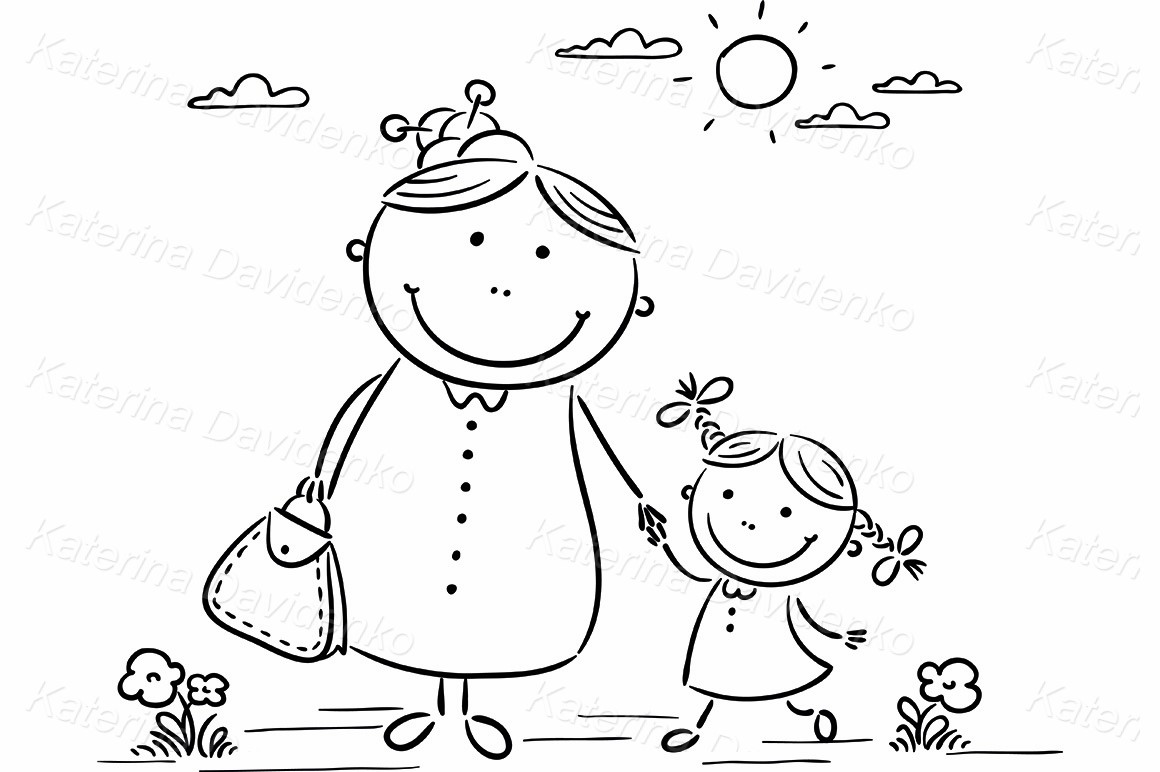 Girl and her granny on a walk - clipart vector illustration