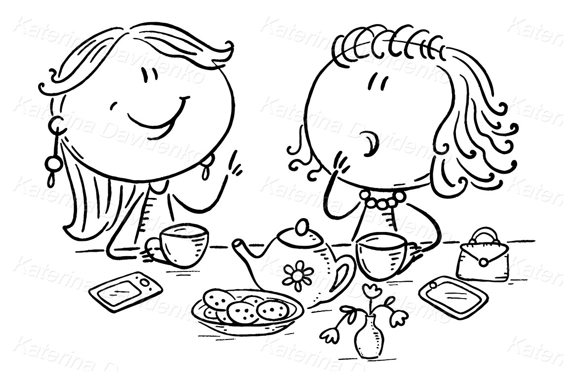 Two Girl Friends Talking And Drinking Tea Hand Drawn Cartoon Illustration