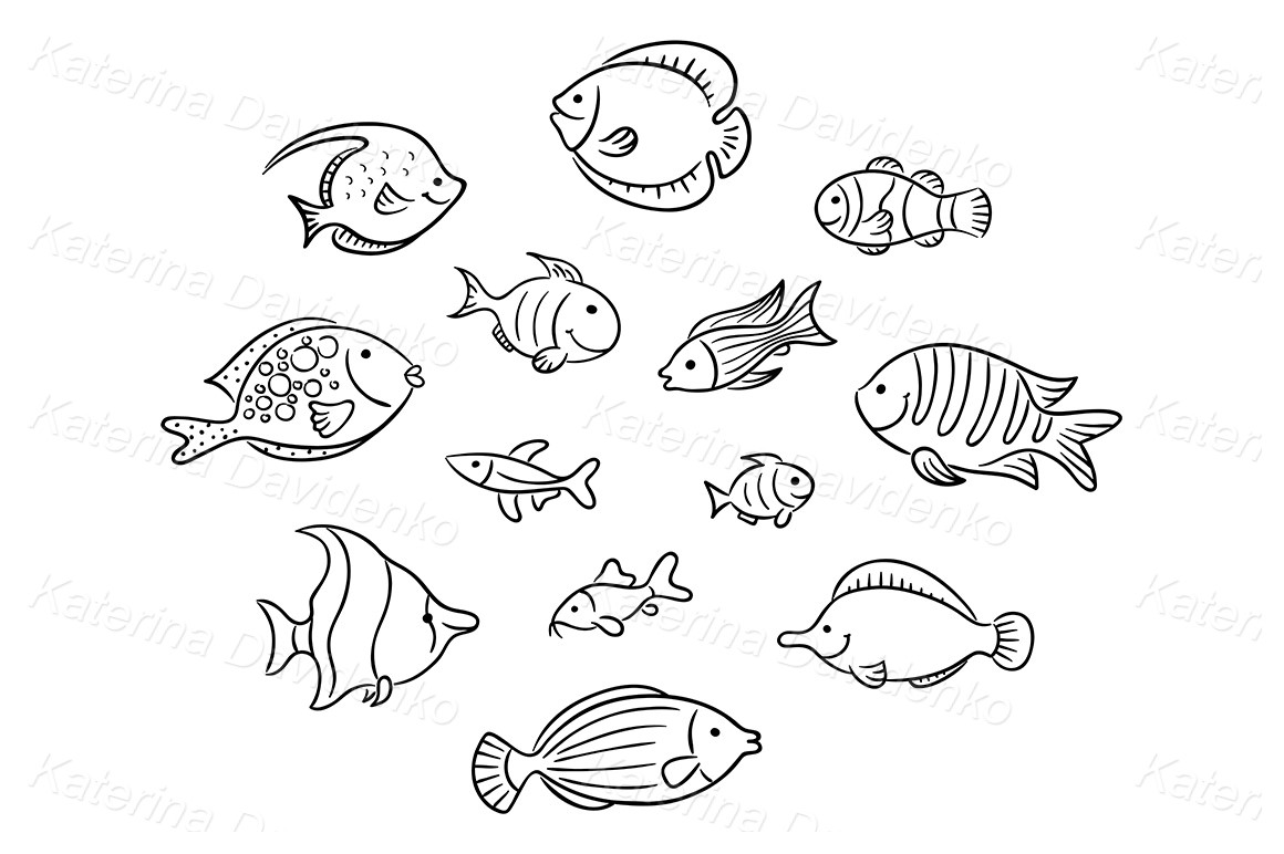 Set of different hand drawing tropical fishes, svg png pdf