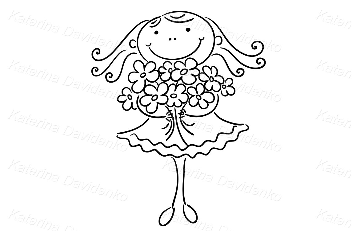 Stick fugure hand-drawn happy girl with flowers, doodle kid vector ...