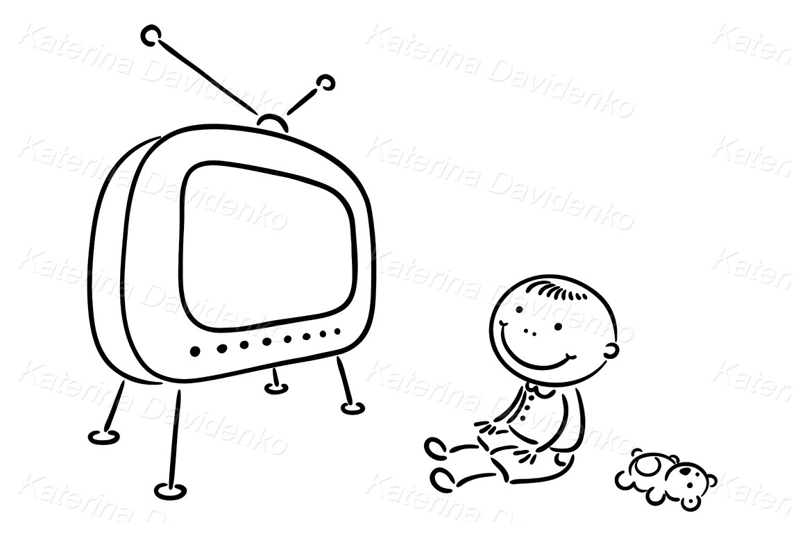 Stick figure cartoon kid watching TV
