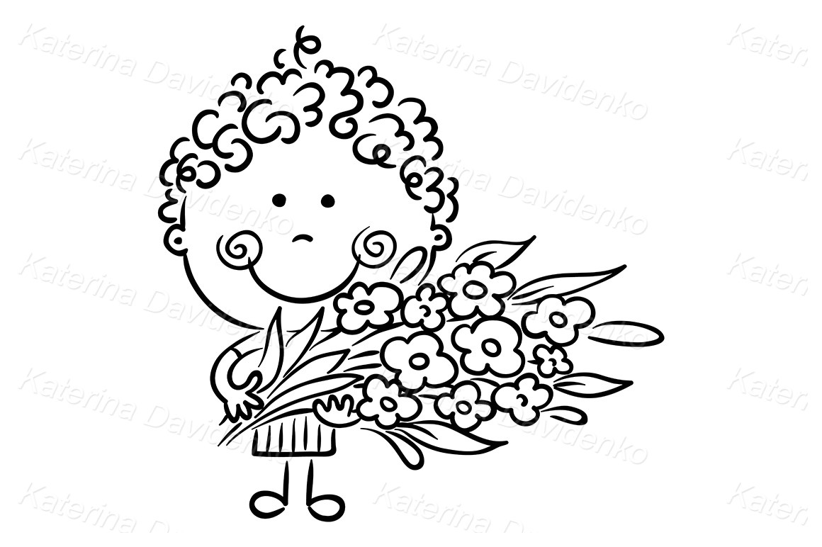 Cartoon child holding a big bouquet of flowers